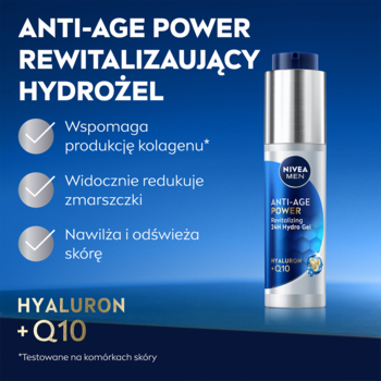 NIVEA MEN Rewitalizujący Hydrożel Anti-Age Power z Hyaluronem i Q10. Butelka z pompką na niebieskim tle.