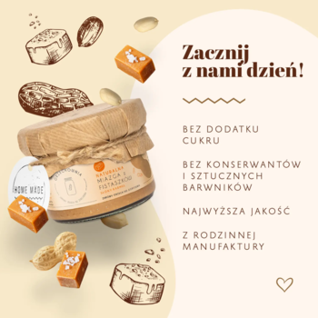 Miazga z fistaszków słony karmel home made w słoiku, otoczona orzeszkami i karmelkami. Bez dodatku cukru.