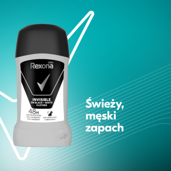 Rexona Men Invisible Black & White antyperspirant w sztyfcie, 48H, na tealowym tle z napisem: Świeży, męski zapach.