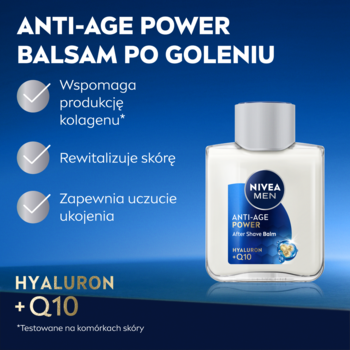 NIVEA MEN Anti-Age Power balsam po goleniu z Hyaluron+Q10, biała butelka, ujęcie z przodu.