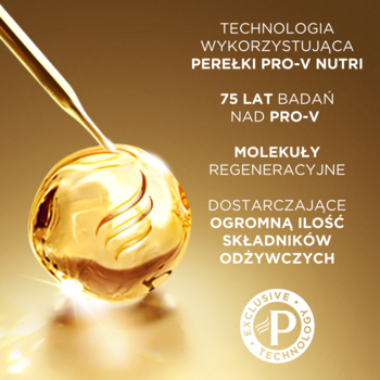 Pantene Bond Repair: Złota błyszcząca perła Pro-V Nutri z kroplomierzem, ukazująca molekuły regeneracyjne.