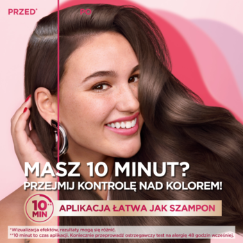 Garnier Color Sensation szampon koloryzujący 5.0 brąz. Kobieta przed/po, lśniące włosy po 10 min.