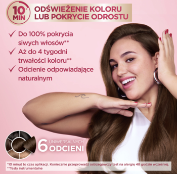 Garnier Color Sensation szampon koloryzujący brąz. Uśmiechnięta kobieta, 10 min odświeża kolor i kryje odrosty.
