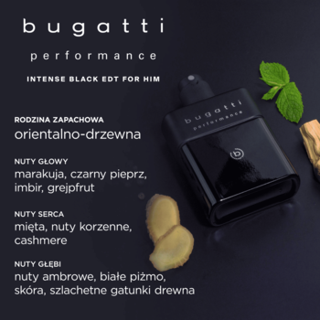 Bugatti Performance Intense Black, orientalno-drzewna woda toaletowa dla mężczyzn, czarna butelka, mięta i imbir.