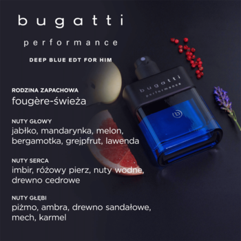 Męska woda Bugatti Performance Deep Blue EDT. Ciemny flakon z grapefruit, lawendą, czerwonymi jagodami.