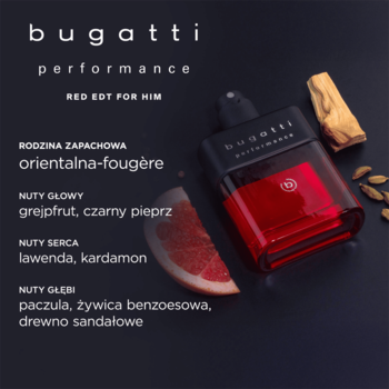 Flakon Bugatti Performance Red EDT dla mężczyzn, ciemnoczerwony, na czarnym tle z grejpfrutem i kardamonem.