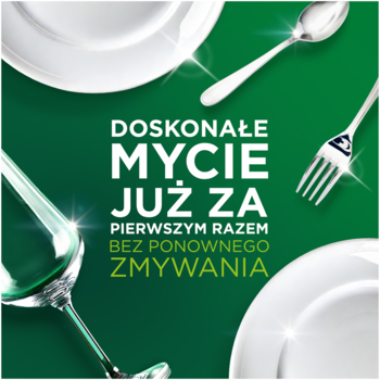 Reklama Fairy Original: czyste, lśniące naczynia (talerze, sztućce, szkło) na zielonym tle z tekstem o doskonałym myciu.