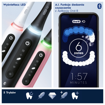 Trzy szczoteczki Oral-B iO 5 (biała, czarna, różowa) obok smartfona z aplikacją Oral-B iO i AI śledzeniem mycia.