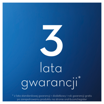 Niebieska grafika '3 lata gwarancji Oral-B', z notatką o dodatkowym roku po rejestracji produktu.