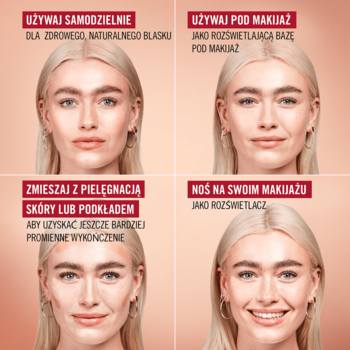 Rimmel Multi Tasker Better Than Filters: 4 sposoby użycia na skórze dla promiennej cery: solo, baza, mix z podkładem, rozświetlacz.