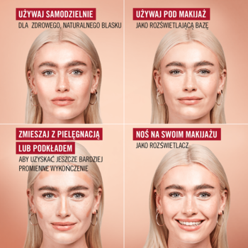 Rimmel Multi Tasker Better Than Filters 3w1: kolaż kobiety pokazującej użycie produktu jako bazy, rozświetlacza i glow.