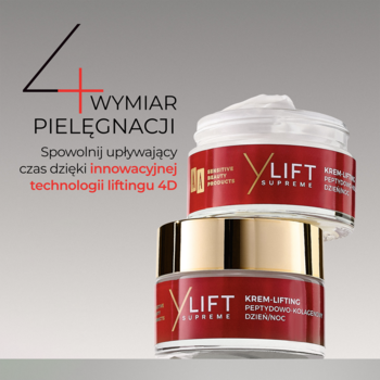 AA YLift Supreme peptydowo-kolagenowy krem do twarzy, dwa czerwone słoiczki ze złotymi nakrętkami, na szarym tle z grafiką 4D.