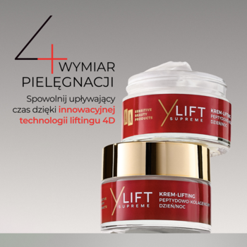 Dwa czerwone słoiczki AA YLift Supreme peptydowo-kolagenowego kremu liftingującego, ustawione jeden na drugim, złotymi detalami.