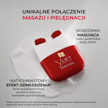 Czerwono-biały masażer AA YLift Supreme do twarzy i dekoltu, z dwoma czerwonymi rolkami, na tle białego kremu.