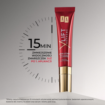 AA Y-Lift Supreme peptydowy krem pod oczy w czerwonej tubce, zegar 15 min symbolizuje redukcję zmarszczek.