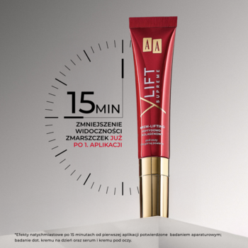 AA YLift Supreme krem pod oczy w czerwono-złotej tubce. Obok zegar: 15 min redukcji zmarszczek.