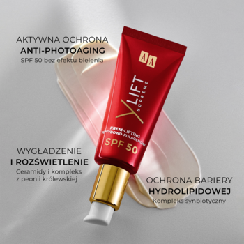 AA Lift Supreme SPF 50 krem-lifting w czerwonej tubce ze złotą pompką, widok pod kątem, na jasnym tle.