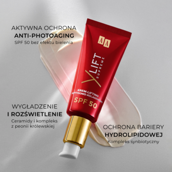 AA LIFT SUPREME SPF 50 krem-lifting peptydowo-kolagenowy, czerwona tuba, złota nakrętka, na kremowych smugach.