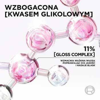 Grafika: różowe molekuły z 11% Gloss Complex i kwasem glikolowym Elseve, wzmacniają i nabłyszczają włosy.