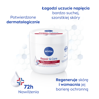 Krem NIVEA Repair & Care w białym słoiku, etykieta 72h nawilżenia dla bardzo suchej skóry, widok z przodu.