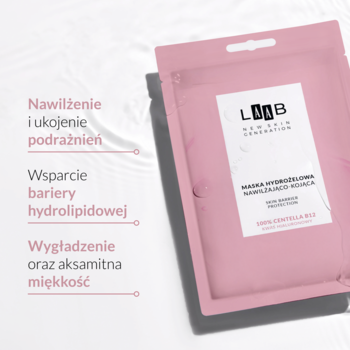 Różowa maska hydrożelowa AA LAAB z Centella B12, widok pod kątem, z tekstem o nawilżaniu i kojeniu.