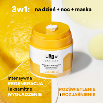 AA Laab Multikrem booster do twarzy, rozświetlający i regenerujący, 3w1. Żółto-biały słoiczek na tle yuzu.