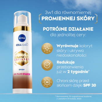 Biała butelka NIVEA Luminous630 Przeciw Przebarwieniom Fluid SPF 30 3w1: kryje, redukuje, chroni.