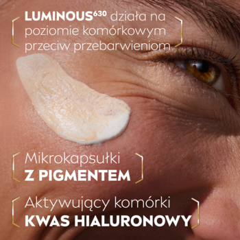 NIVEA LUMINOUS630 Krem CC na skórze. Zbliżenie z tekstem o mikrokapsułkach pigmentu i kwasie hialuronowym.