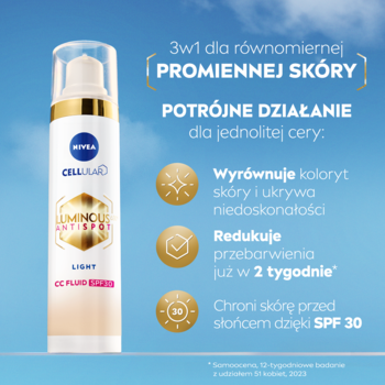 NIVEA LUMINOUS630® Krem CC SPF 30 Light na przebarwienia, biało-złota butelka, ujęcie z przodu, z listą korzyści.