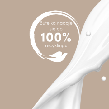 Żel pod prysznic Dove Advanced Care Nourishing Silk. Biały płyn na beżowym tle; okrągły napis: butelka 100% recyklingu.