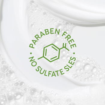 Emblemat 'PARABEN FREE, NO SULFATE SLES' z zieloną strukturą chemiczną, na pienistym tle dla żelu Dove.