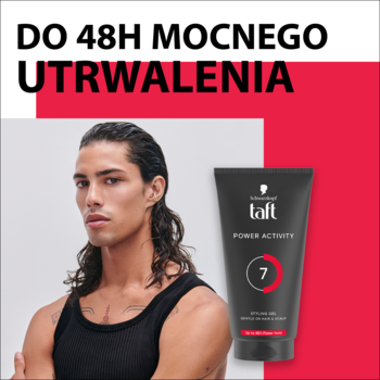 Schwarzkopf Taft Power Activity żel do włosów 7 w czarnej tubce, obok modela, na czerwonym tle, 48h utrwalenie.
