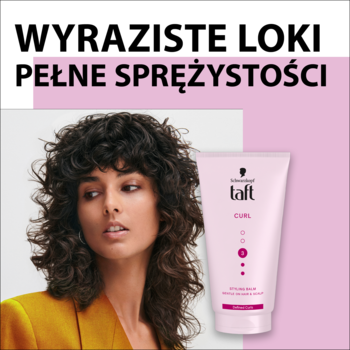 Balsam Schwarzkopf Taft Curl w różowej tubce, obok kobiety z burzą loków, podkreślający sprężystość włosów.