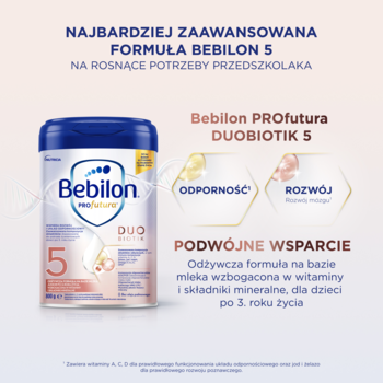 Bebilon PROfutura DUOBIOTIK 5, mleko junior dla przedszkolaka w białej puszce z niebieską pokrywką, widok z przodu.