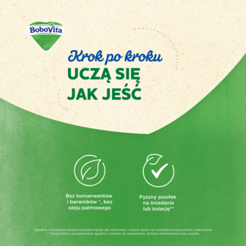 Bobovita mleczna kaszka manna dla dzieci, zielono-beżowa grafika z hasłem Krok po kroku Uczą się jak jeść.