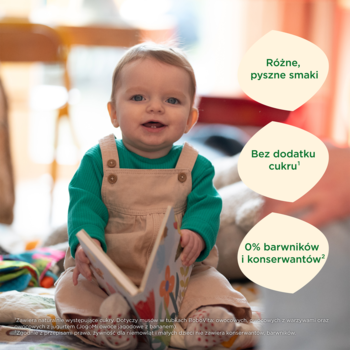 Szczęśliwe niemowlę z książką; grafika z cechami musu Bobovita gruszka z buraczkiem: bez cukru, barwników.