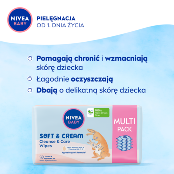 NIVEA BABY Soft & Cream chusteczki nawilżane, białe opakowanie z zającem, widok z przodu, hasło: Pielęgnacja od 1. dnia życia.