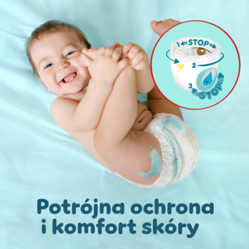 Uśmiechnięte dziecko w pieluchomajtkach Pampers Premium Care (rozm. 7), z ilustracją kieszonki Stop & Protect™.