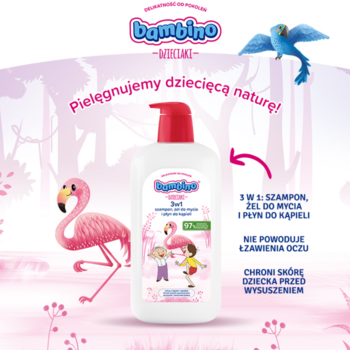Bambino Dzieciaki szampon, żel, płyn 3w1 1000 ml dla dzieci w białej butelce z flamingiem, widok z przodu.