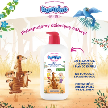 Bambino Dzieciaki 3w1 szampon i żel z pompką, etykieta z surykatkami, na tle safari. 91% naturalne.