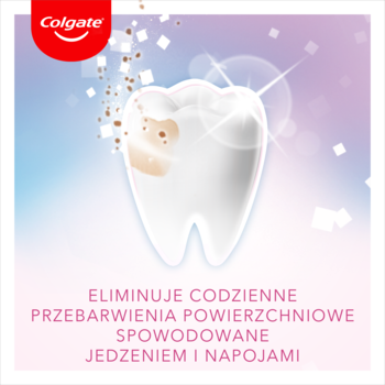 Grafika: ząb z plamami i błyszczący. Pasta Colgate Max White Bye Bye Stains usuwa przebarwienia od jedzenia.