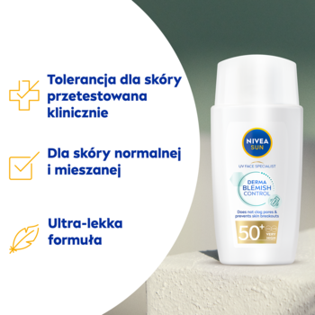 Biała butelka NIVEA SUN UV Face SPF 50 z tekstem o tolerancji i ultra-lekkiej formule, na słonecznym tle.