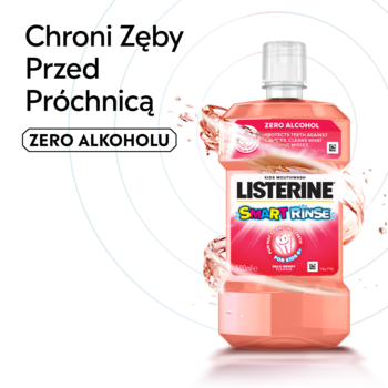 Listerine Smart Rinse, różowy płyn do płukania dla dzieci bez alkoholu. Chroni zęby przed próchnicą, widok z przodu butelki.
