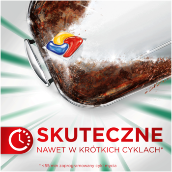 Kapsułki Fairy Platinum Plus. Kapsułka na mocno zabrudzonym metalu. Podkreślona skuteczność w krótkich cyklach.