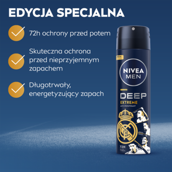 NIVEA MEN Deep Extreme antyperspirant w sprayu, czarna puszka z logo Realu Madryt, 72h ochrony, na niebieskim tle.