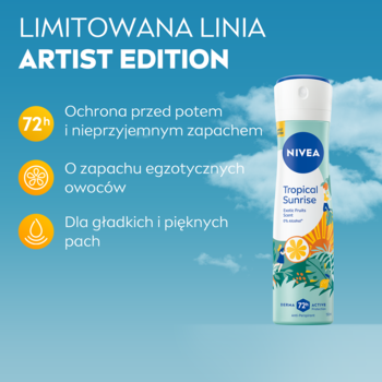 NIVEA Tropical Sunrise Artist Edition antyperspirant 72h, egzotyczny zapach, butelka spray na tle nieba.