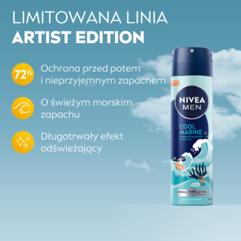 NIVEA MEN Cool Marine Artist Edition antyperspirant spray, niebieska butelka z grafiką fal, widok z przodu.
