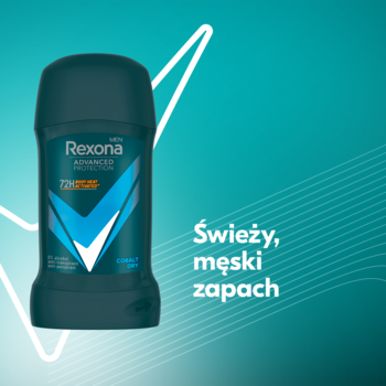 Rexona Men Advanced Protection Cobalt Dry, szary sztyft antyperspirantu, widok z przodu, turkusowe tło. Świeży męski zapach.