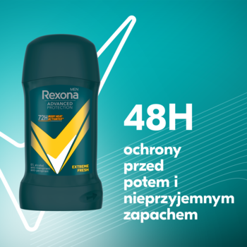 Antyperspirant Rexona Men Advanced Protection Extreme Fresh w sztyfcie, ciemny z żółtym V, na turkusowym tle z tekstem 48H.