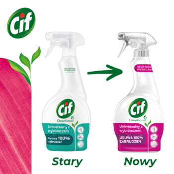 Cif Cleanboost uniwersalny spray z wybielaczem: porównanie stary (zielony) i nowy (różowy) design opakowań.
